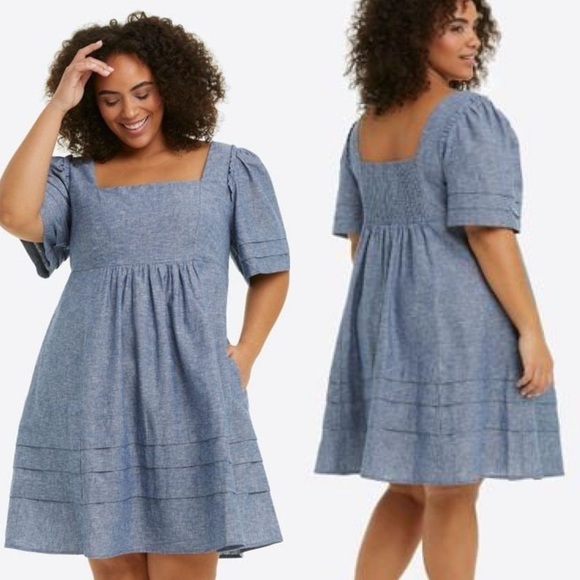 Draper James Womens Size XL Linen Cotton Chambray Mini Babydoll NEW Dress Ruffle - Picture 3 of 12
